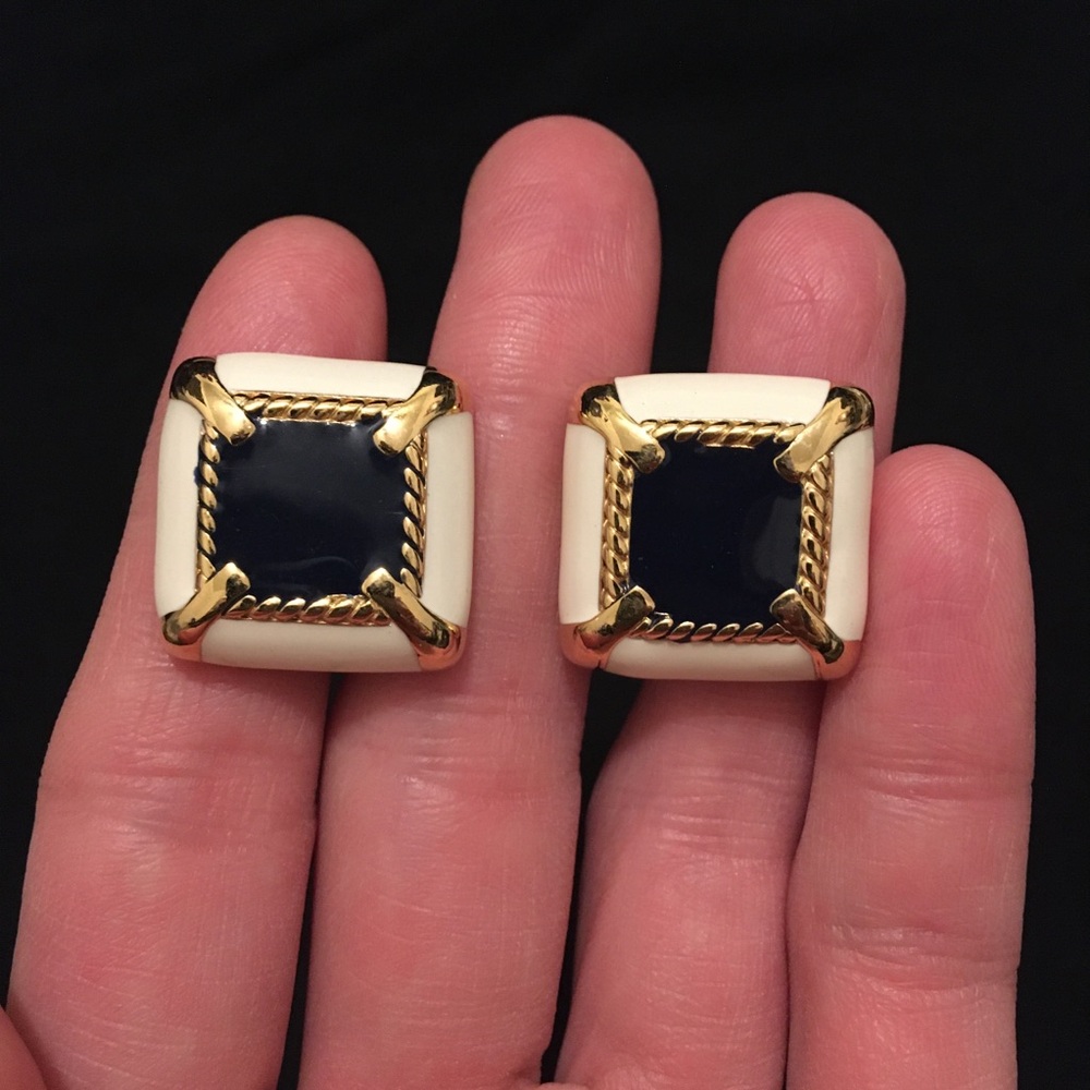 Gold-Tone Black and Cream Square Clip Earrings
